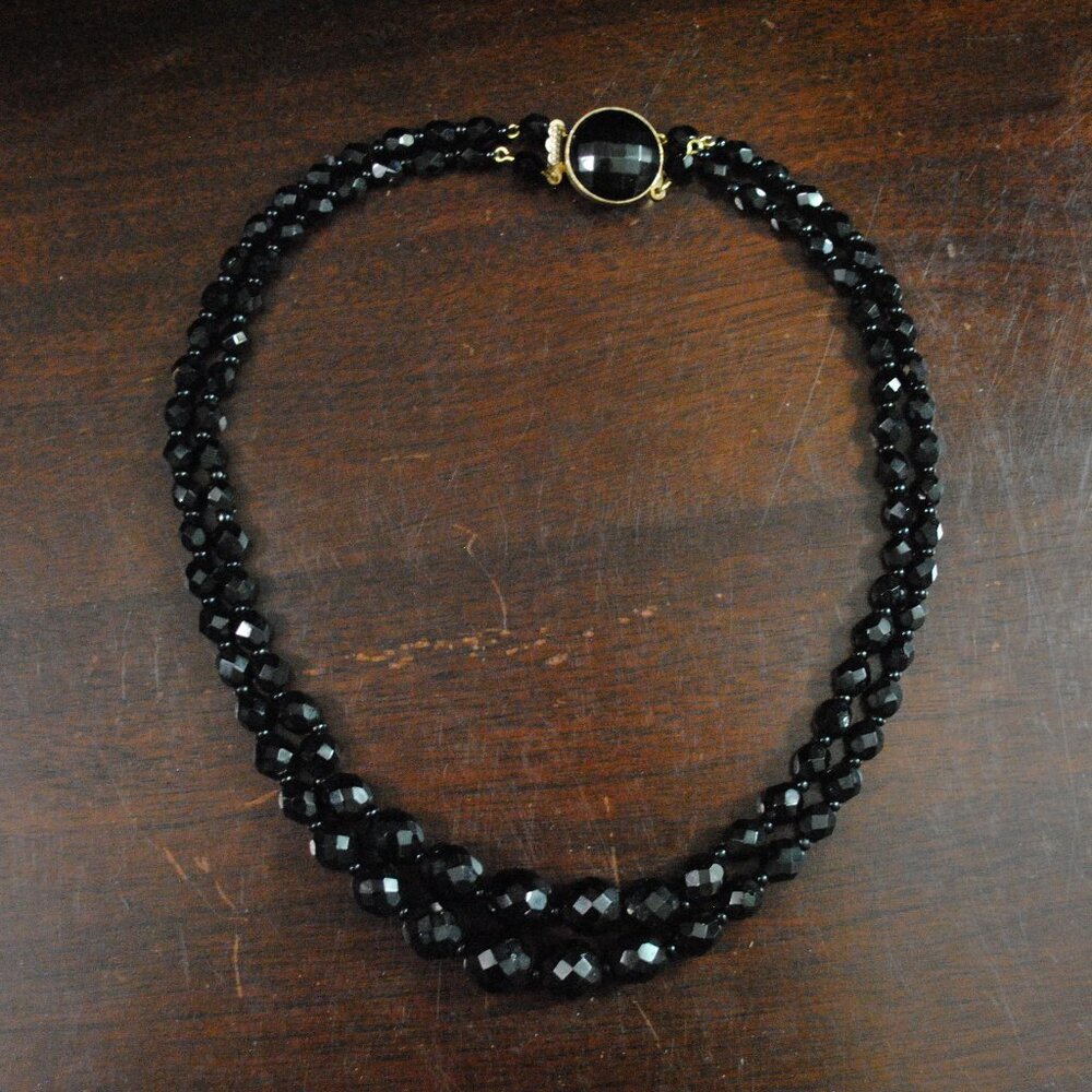 Vintage Mid-century Faceted Black Glass Two-strand Choker Necklace